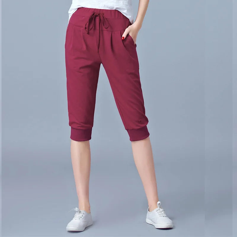 Women Blue High-waisted Stretch Cropped Pants, Summer Gray Lightweight Athletic Harem Pants, Black Drawstring Shorts, Asian Size