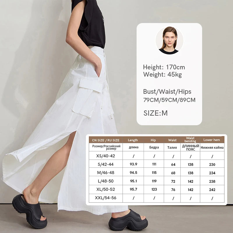 AMII Vacation Long Skirt 2026 Summer Women Loose Sun Protection Office Lady Solid Pockets Elastic Waist Cord Slit Skirt 12542106