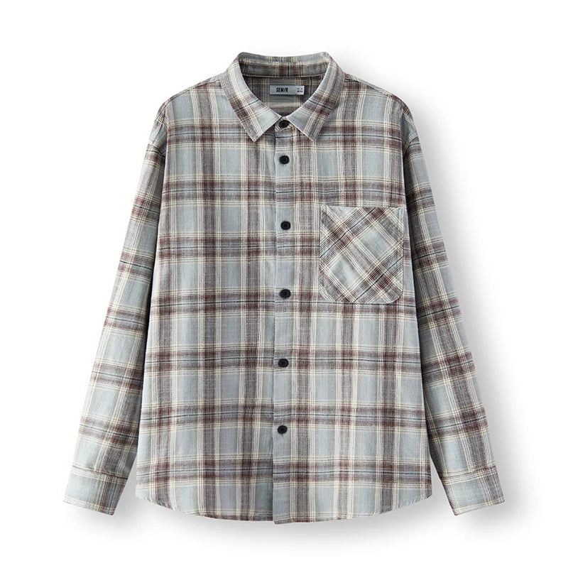 Semir Versatile Shirt Men Long Sleeve Cotton Plaid Loose Fit Lapel Casual Commute Fashion Top 2026 Spring Stylish Wear