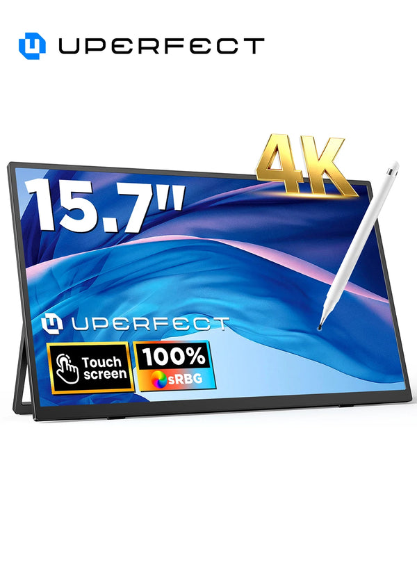 ម៉ូនីទ័រប៉ះចល័ត UPERFECT 4K ទំហំ 15.7 អ៊ីញ 3840 * 2160 UHD ជាមួយ USB-C HDMI អេក្រង់កុំព្យូទ័រយួរដៃ 1200:1 100% RGB IPS អេក្រង់ប៉ះ 10 ចំណុច