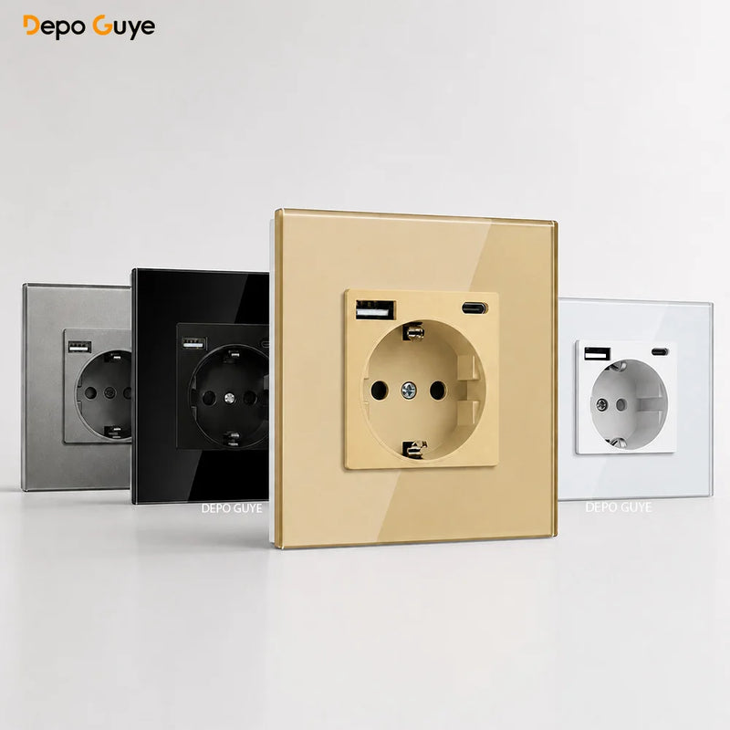 EU Standard 86x86mm Tempered Glass Wall Socket 16A Power Outlet with 5V 2A USB Type C or Dual USB for Home Hotel Office