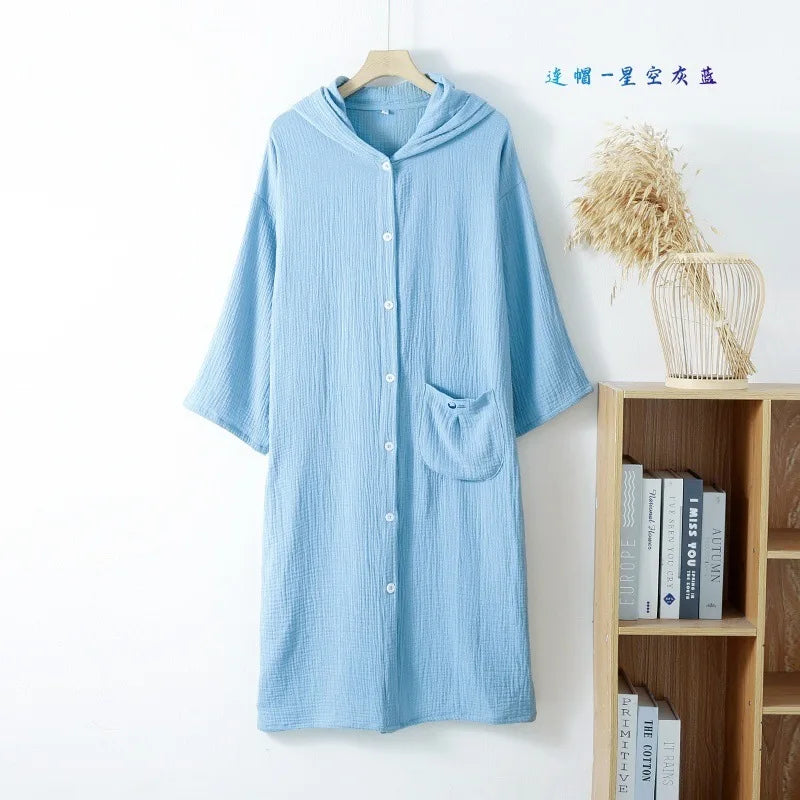100% Cotton Loose Cardigan Dress Buttons Hooded Long Sleeved Nightgowns Female Home Wear Nightshirt Lounge Women Nightdress