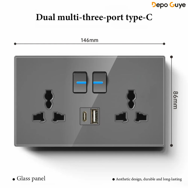 Grey Tempered Glass UK Standard 13A Wall Switch Socket with LED USB Type-C TV CAT6 Data Outlet British Electrical Wall Panel