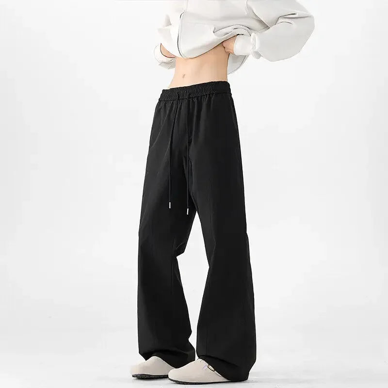 Men Minimalist Loose Wide Leg Pants Drawstring Elastic Waist Comfort Smooth Fabric For Everyday Urban Casual Dressing