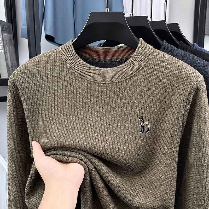 Hot Quality Men Long-Sleeved Knitwear Mock Neck Fleece-Lined Thickened Puppy Embroidery Spring New Pullover Trend Men's Clothing