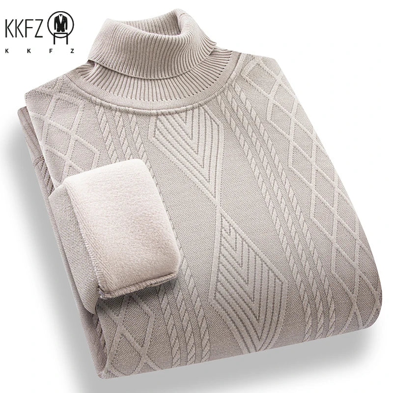 Stretch Turtleneck Male Knitted Pullover Embossed Twist Rhombus Pattern Fleece Lined Cold Proof Casual Long Sleeve Top