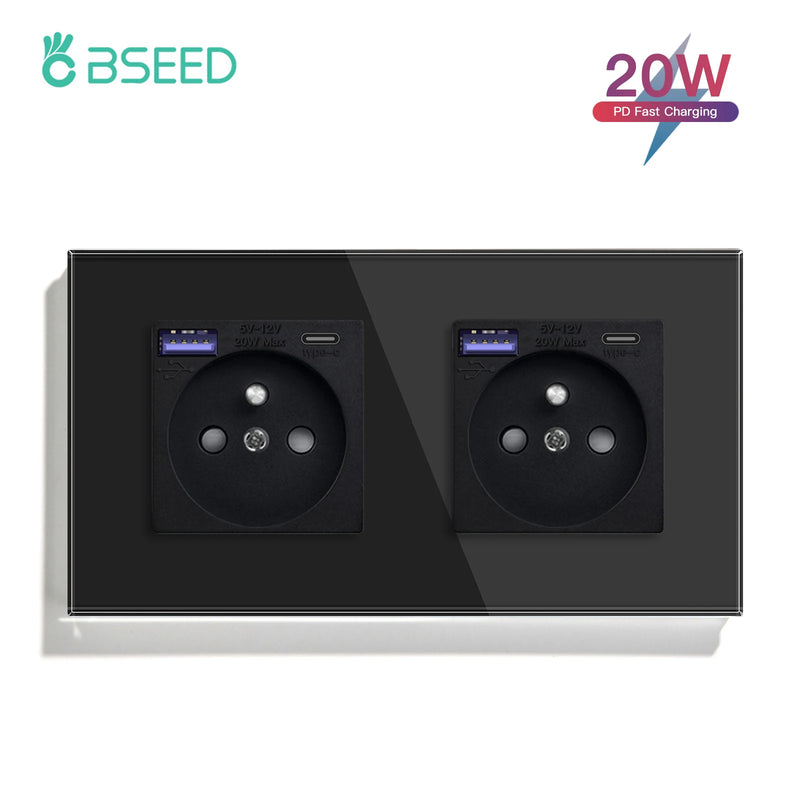 BSEED French Standard 20W Fast Charge Port Wall Power Socket Double France USB Type-C Electrical Outlets Crystal Glass Frame 16A