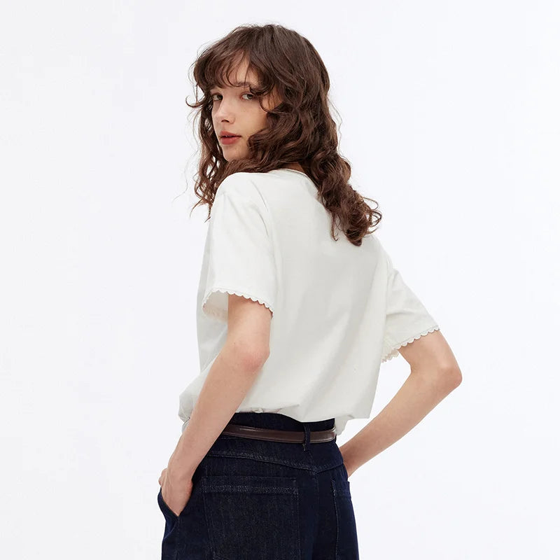 Semir Womens Tshirt 2026 Letter Printed Loose Lace Hem Fashion Trendy Casual Soft Daily
