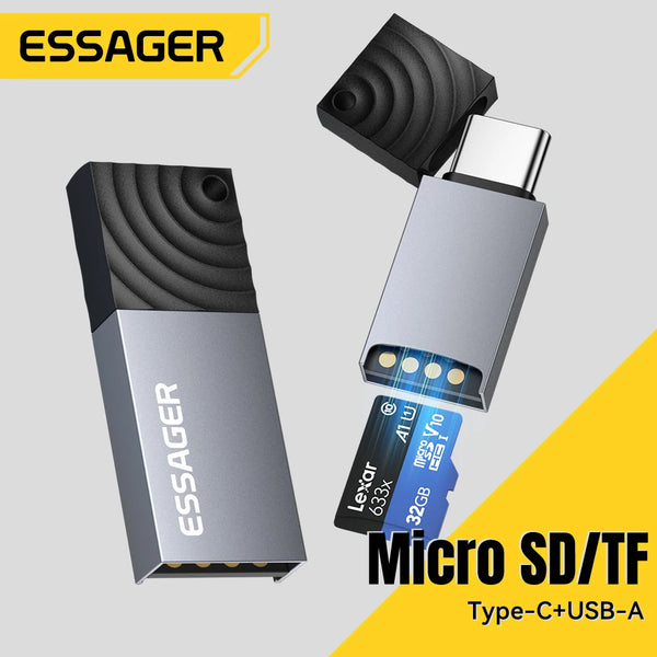 ឧបករណ៍អានកាត Essager 2 ក្នុង 1 ប្រភេទ C និង USB2.0 ទៅឧបករណ៍កាតមេម៉ូរី Micro SD/TF ឧបករណ៍អានកាតល្បឿនលឿនសម្រាប់ទូរស័ព្ទកុំព្យូទ័រយួរដៃគ្រឿងបន្លាស់