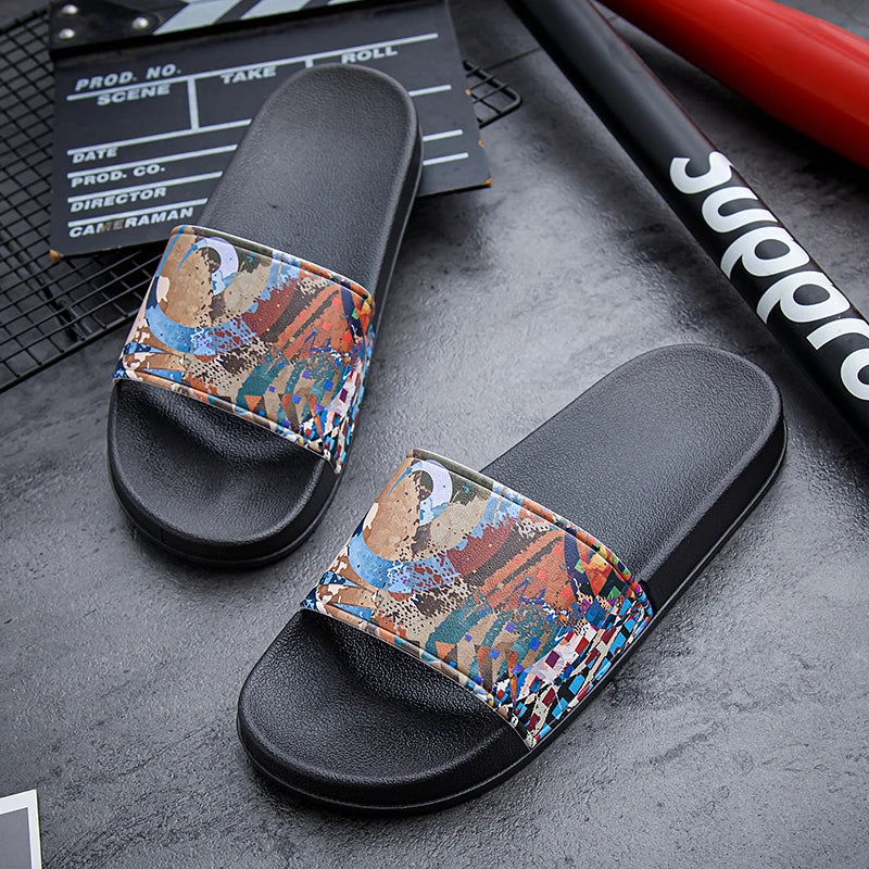 Couples Casual Oil Painting Wind Slippers Summer Soft-Sole Non-Slip Outdoor Beach Shoes Fashion Men and Women's Walking Sandals