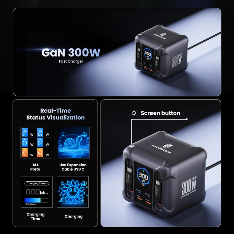 ស្ថានីយ សាក ថ្ម យូអេសប៊ី GaN 300W ជាមួយ ខ្សែ អាច ដក ចេញ បាន 100W USB Type C PD 3.0 PPS ឆ្នាំង សាក លឿន សម្រាប់ iPhone 17 Samsung Macbook ថេប្លេត