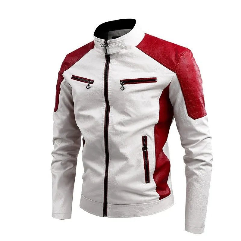 Men's Long Sleeve Artificial Leather Jacket Autumn New Style Two-color Splicing Decorative PU Coat Red Blue Green Brown Black Op