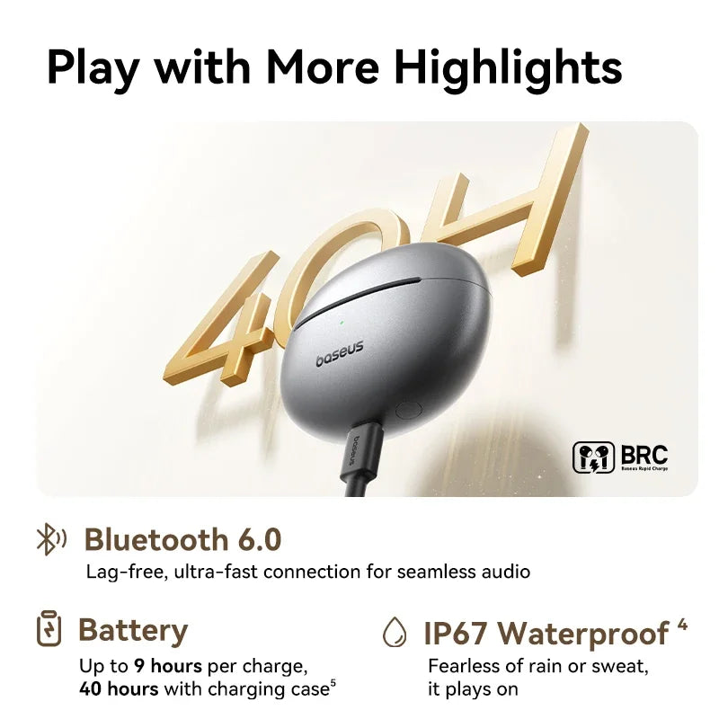 កាសស្តាប់ត្រចៀកឥតខ្សែ Baseus MC1 Pro កាសស្តាប់ត្រចៀកប៊្លូធូសបើកត្រចៀក IP67 ការពារទឹកជ្រាប ENC សំឡេងរំខាន កាសស្តាប់កីឡា លេងបានយូរ