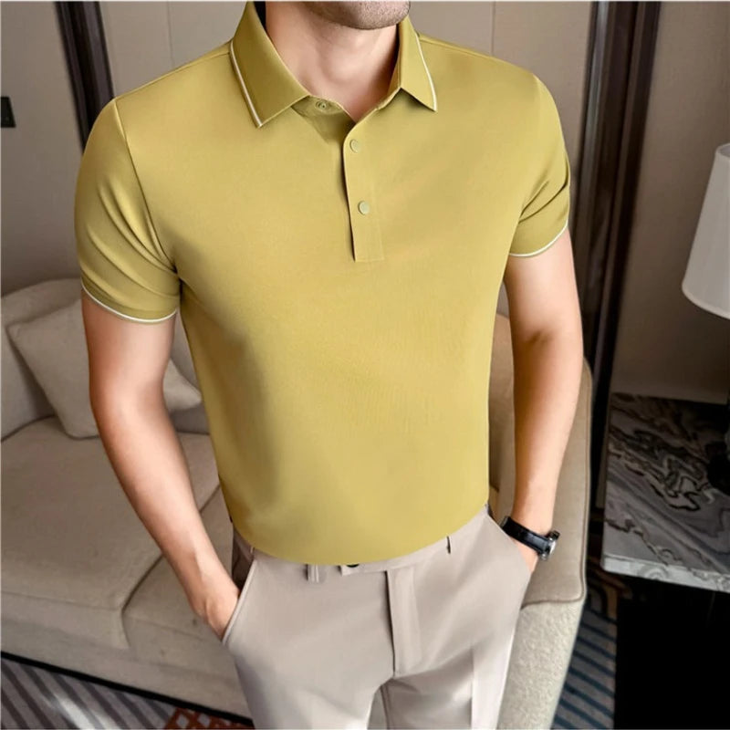 Men’s Slim Fit Polo Shirt with Contrast Collar Wrinkle-Free, Odor-Resistant Business Casual Top Sun-Friendly Fabric
