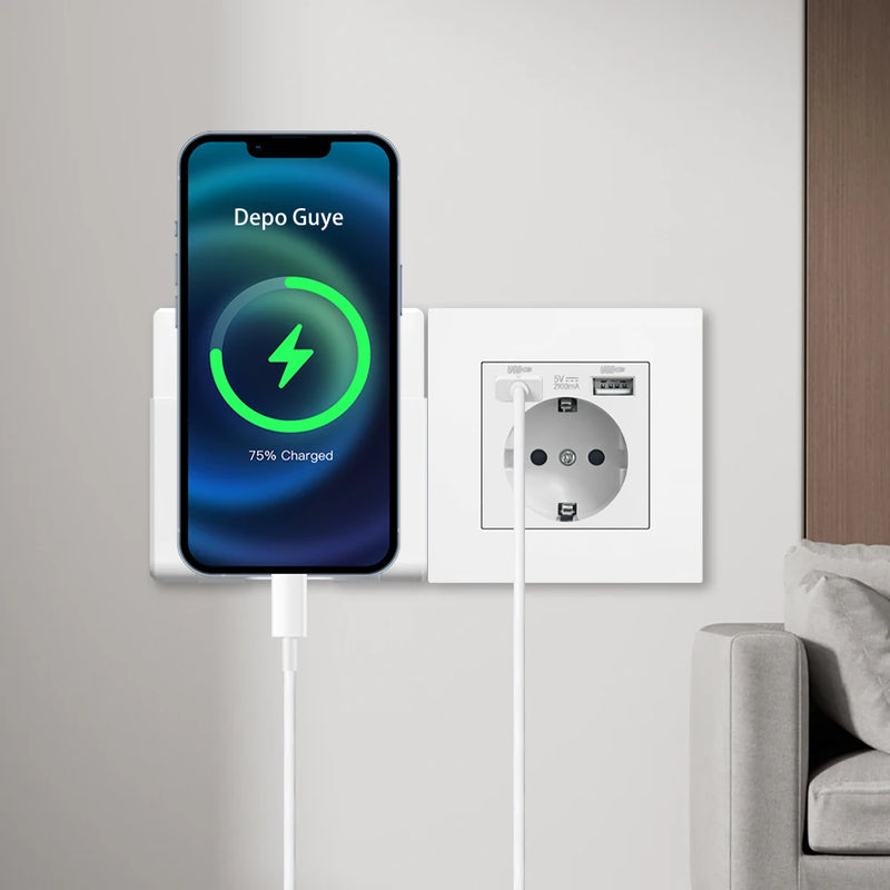 EU Power Socket ,Socket With 2USB Charging Port 2.1A,White Gray PC Panel 86mm*86mm Russia Spain Korea 16A Wall Socket for home