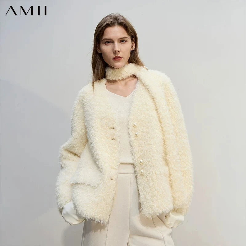 Amii Fur Coat 2026 Winter New Loose Short V-Neck Versatile Women's Coat Warm Long Sleeves With A Belt Jacket With Fur 12524007