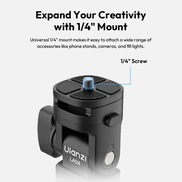 Ulanzi LA04 Universal Light Stand Adapter ជាមួយជើងទ្រ Cold Shoe ទំហំ 1/4" សម្រាប់ជើងទ្រទូរសព្ទ កាមេរ៉ា DSLR ភ្លើង LED ផ្អៀង 180° សម្រាប់បំភ្លឺ
