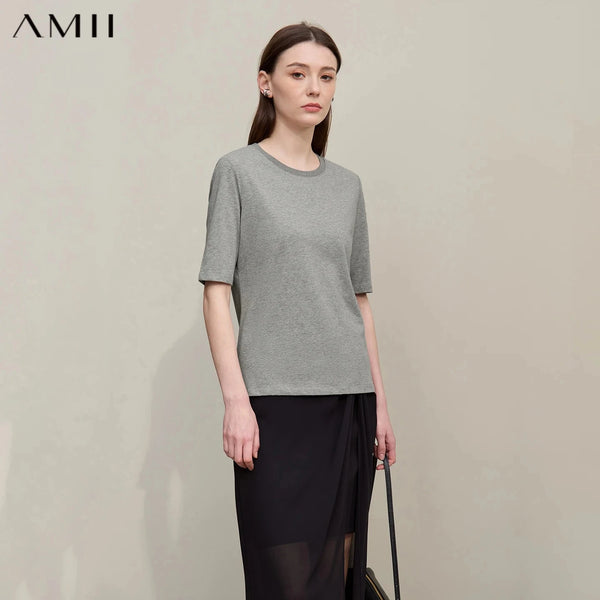 Amii Women T-shirt 2026 Summer New Round Neck Cotton Mid Sleeve Tee Basic Straight Fit Gray Casual Versatile Ladies Top 12622194