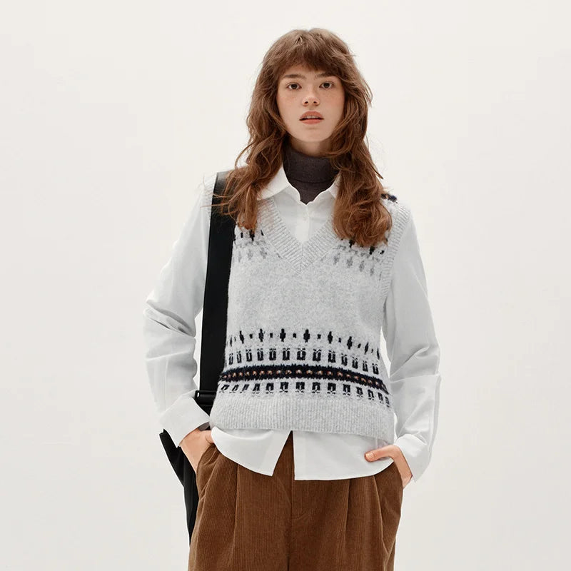 Semir Women Winter Shirt Geometric Jacquard Loose Fit Brushed Fabric Turn Down Collar Commuter Style Two Piece Layering