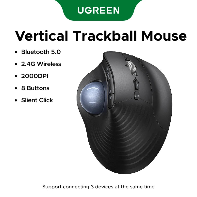 UGREEN Vertical Trackball Mouse Bluetooth Rechargeable 2.4G Wireless 65° Ergonomic Silent Mice for Windows MacOS IPadOS  Android