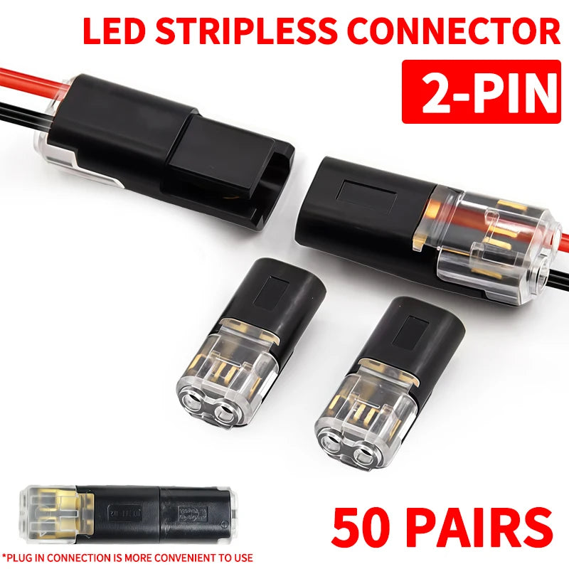 50 Pair Connector 2P Solder-Free Strip-Free Insulation Piercing Terminal Block, Quick Disconnect Plug for LED Cable