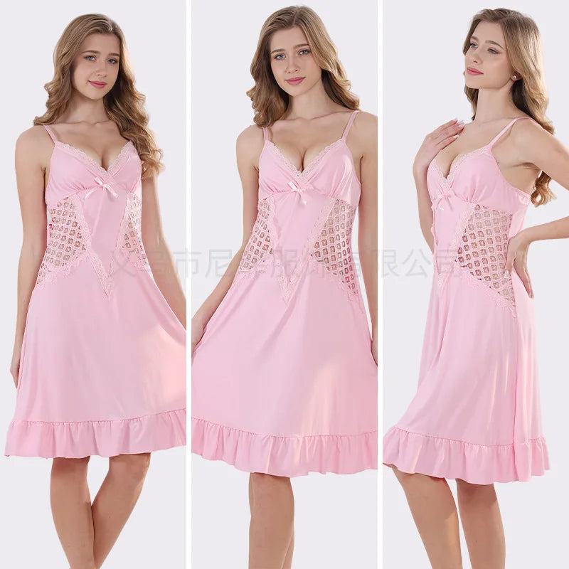 High-end Sexy Mesh Lace Nightdress Comfortable One Piece Pajamas Women's Thin Nightgowns Summer Ladies Sleepwear Home Dress