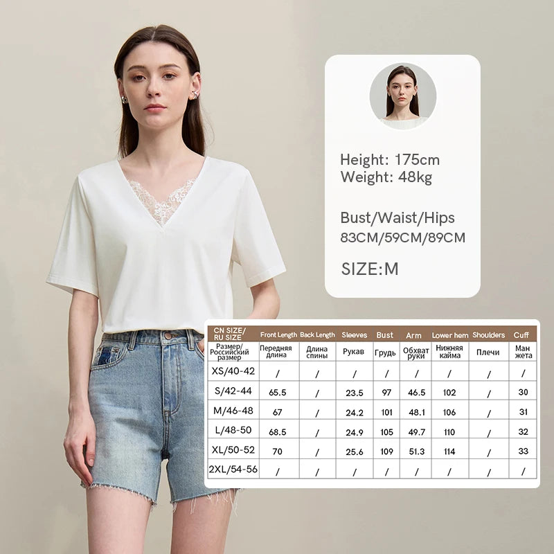 Amii Women's T-Shirt 2026 Summer New Lace V Neck Cutout Back Cotton Tee Stretch Short Sleeve Loose Women's Tee Shirt 12622096