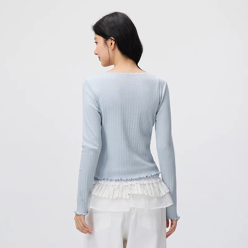Semir Women Tshirt Long Sleeve Short Cotton Slim Ruffle Lace Trim U Neck Soft Casual Autumn Top Daily Wear 2026