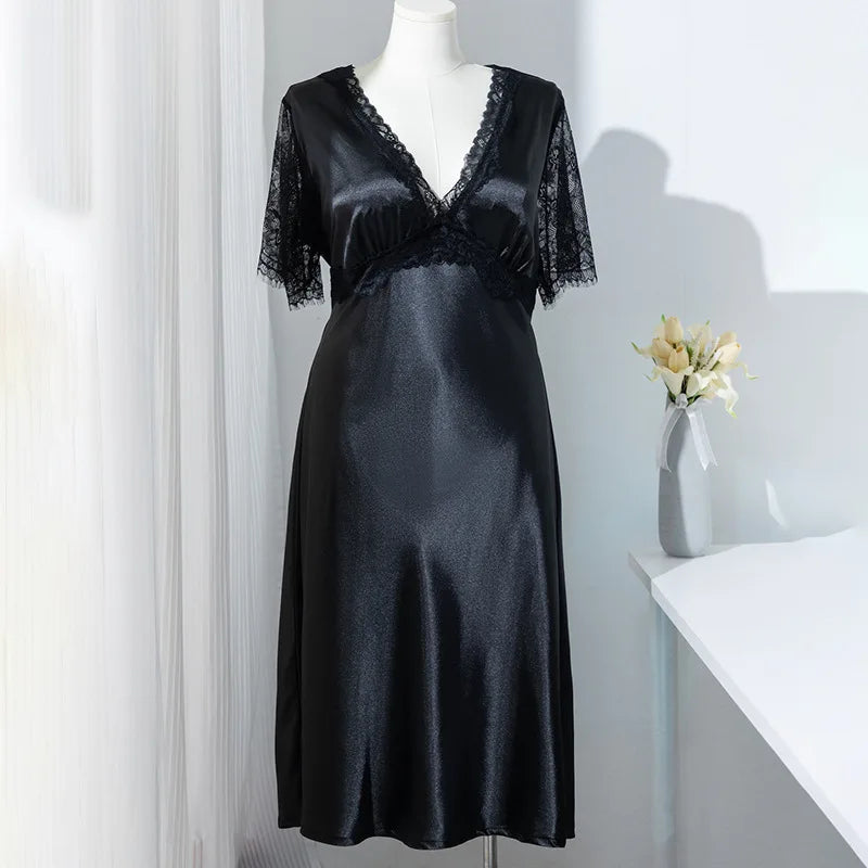 Solid Color Night Dress Nightgown Women Sleepwear Summer Pajama Dress Short Sleeve Black Women's Nightdress Sexy V Neck Nightie