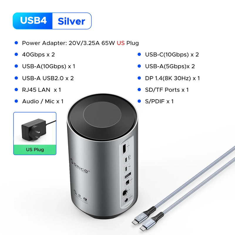 ORICO USB4 Type C Docking Station for MacBook Pro M1 M2 USB 3.0 HUB 8K HDMI-compatible DP RJ45 Audio With Power Adapter