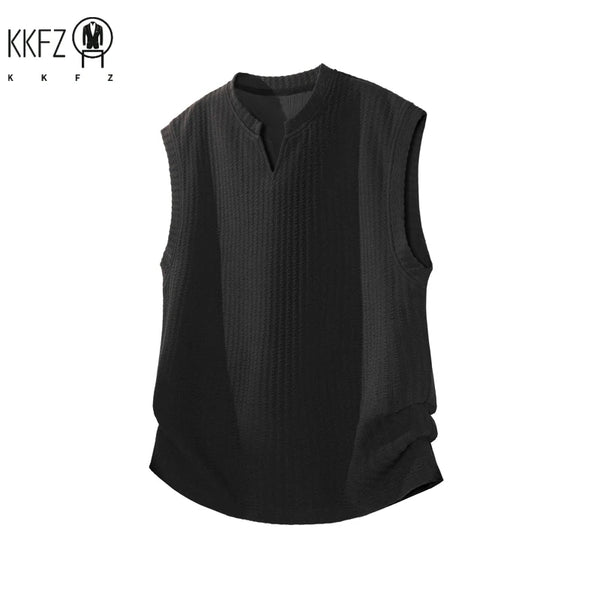 Mens Vertical Ribbed Knit Sleeveless Vest Notched Collar Oversized Cutting Suitable For Vacation Dating And Casual Scenes