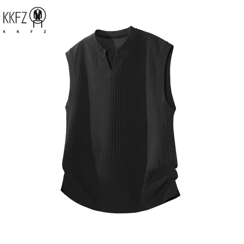 Mens Vertical Ribbed Knit Sleeveless Vest Notched Collar Oversized Cutting Suitable For Vacation Dating And Casual Scenes