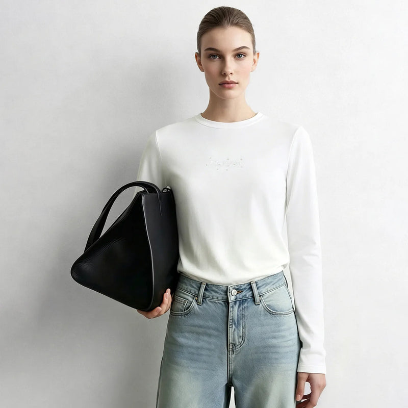 Amii Women's Long Sleeve Top 2026 Autumn New Letter Embroidered Elastic Women's T-shirt Round Neck Basic Versatile Tee 12613006