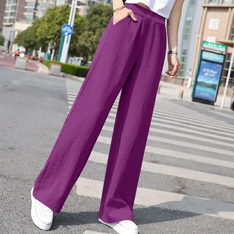 Women's Purple High-Waisted Wide-Leg Pants, Summer Lightweight Trousers, Asian Sizes S-3XL, Available in Beige, Orange, Black.