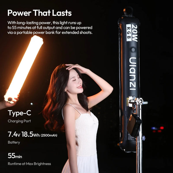 ភ្លើងបំពង់ខ្យល់ម៉ាញេទិក Ulanzi UA20C 20W RGB ភ្លើងវីដេអូបត់បាន 1800-10000K CRI 95+ ពន្លឺពេញសម្រាប់ការថតរូបផ្សាយផ្ទាល់