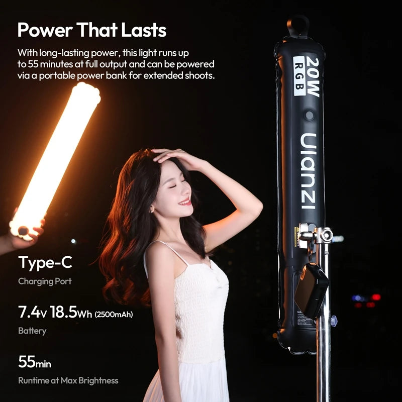 ភ្លើងបំពង់ខ្យល់ម៉ាញេទិក Ulanzi UA20C 20W RGB ភ្លើងវីដេអូបត់បាន 1800-10000K CRI 95+ ពន្លឺពេញសម្រាប់ការថតរូបផ្សាយផ្ទាល់