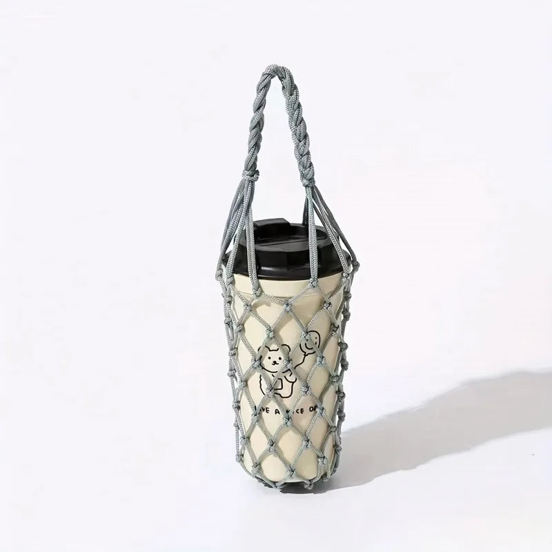 1pc Handwoven Reusable Cylindrical Mesh Bag,Reusable, Hand-Held Water Kettle Bag,Drink Bag,Portable for Beach,Picnics,Travel.