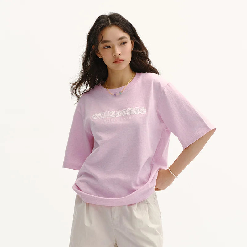 Cotton Lace Letter Embroidery Short Sleeve Summer 2026 Loose Fit Trendy Everyday Style Casual Top