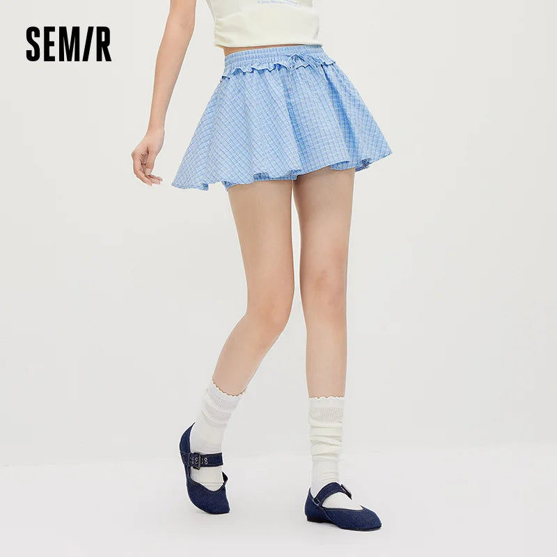 Semir Women Skirt High Waist Plaid Ruffle Trim Fresh Gentle Cute Girlish Mini 2026 Summer Casual Top