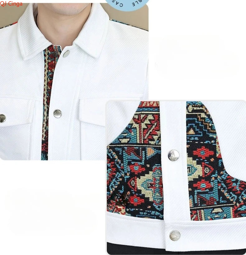 2026 Men's Long-Sleeve Collared Jacket for Fall, Black Patchwork-Detailed Outerwear, Asian Fit Slim-Cut Top Coats.