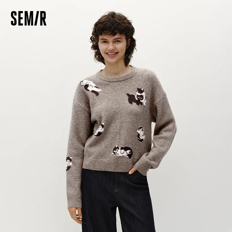 Semir Women Sweater Cat Graphic Drop Shoulder Petite Fit 2026 Winter Warm Knit Everyday Style Soft Touch Layering Wear