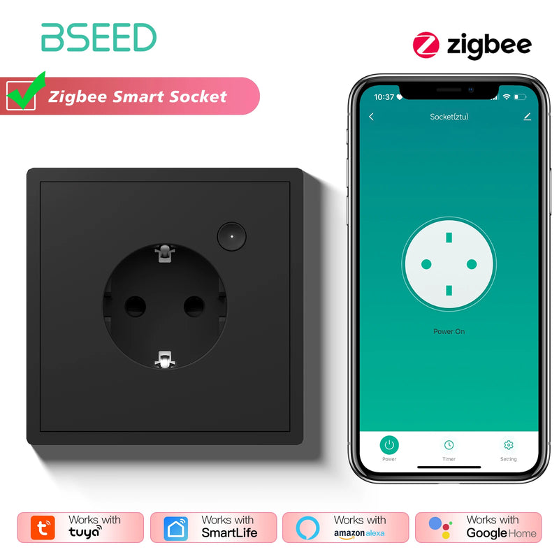 BSEED Zigbee Button Switch 1/2/3/4Gang 2Way Smart EU Socket Plastic Panel Smart Click Switch Tuya Smart Life Alexa Voice Control