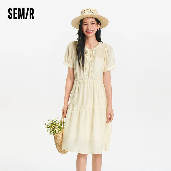 រ៉ូបស្ត្រី Semir ដៃអាវប៉ោង ក ចរ មីឌី បារាំង ឆើតឆាយ រដូវក្តៅ 2026 រ៉ូមែនទិក ទន់ ស្រួលពាក់ អាវប្រចាំថ្ងៃ