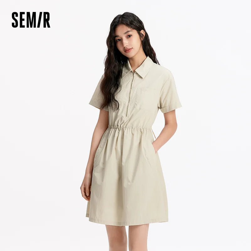 Semir Women Dress Lapel Drawstring Waist UV Protection Cool Texture Cargo Mini 2026 Simple Outdoor Daily Fashion Wear