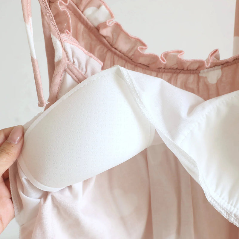 Summer Suit Nightie with Bra Sleepwear Women's New Gauze Cotton Sleeveless Pajama Set Woman Clothing 2 Pieces Set Lounge Wear