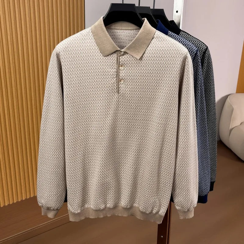 Men's 100% Cotton Long Sleeve Polo Shirt Classic Houndstooth Pattern Invisible Placket Casual Top
