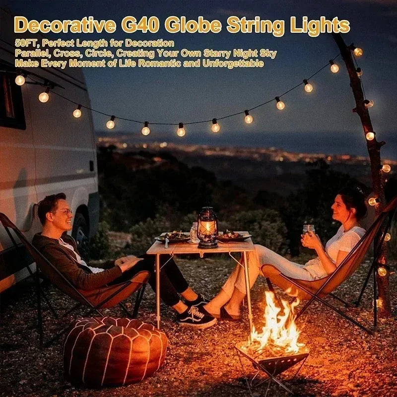 ភ្លើងខ្សែ LED ក្រៅផ្ទះ G40 អំពូលភ្លើង Patio ដែលអាចបន្ថយពន្លឺបាន ភ្លើងខ្សែព្យួរការពារទឹកជ្រាប ជាមួយអំពូលពណ៌សក្តៅ ធន់នឹងការបែក