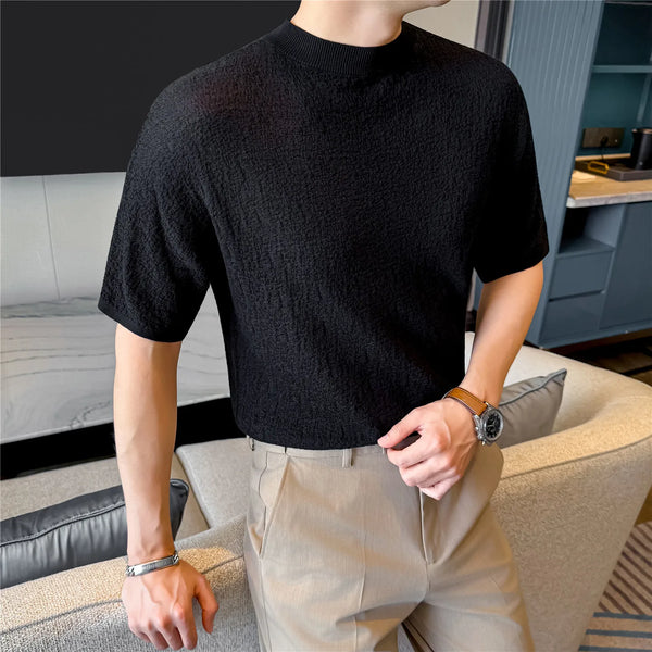 Men's Summer Short Sleeve T-Shirt Knitted Crew Neck Loose Fit Drop Shoulder Ice Silk Cooling Base Layer Top