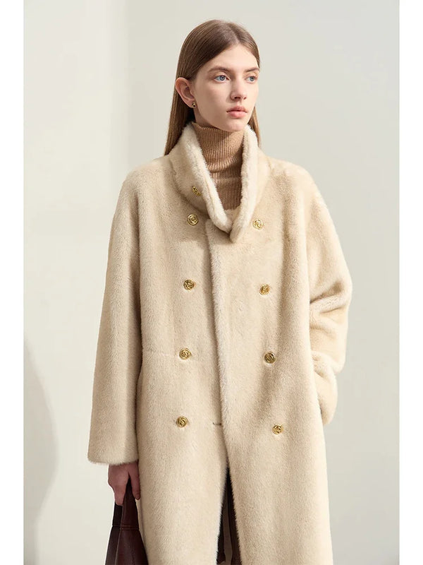 AMII Minimalism 2026 Winter New Warm Modern Turtleneck Double Breasted Imitation Mink Eco-friendly Fur Lady Fleece Coat 12424006