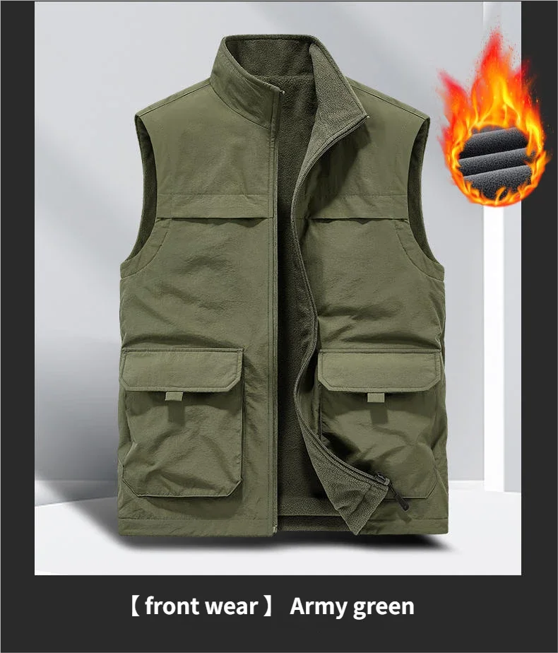 2025 Large size  Autumn and winter casual workwear double-sided vest men's waistcoat outdoor multi-pocket photography vest